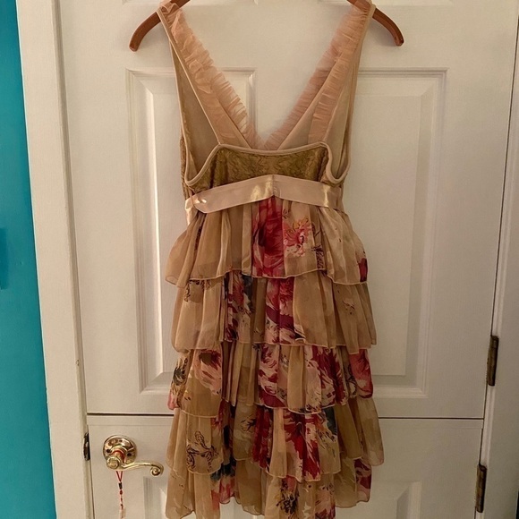 Romantic Tan Floral Ruffle Dress - Picture 9 of 12